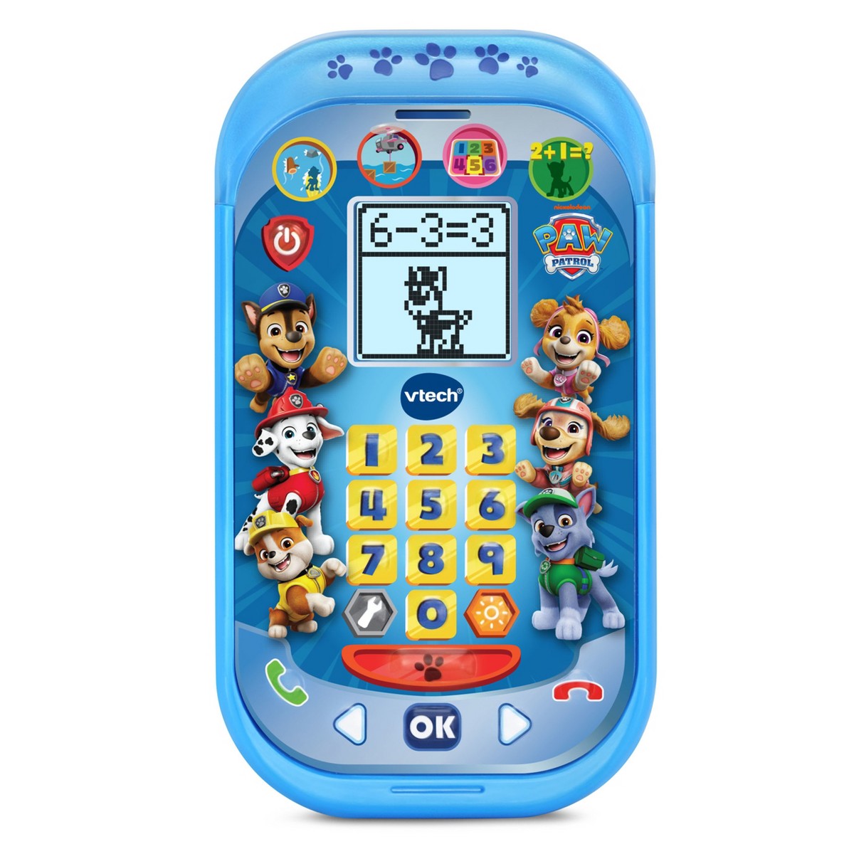 Blue paw-themed learning phone toy with number keypad, character stickers, and LCD screen