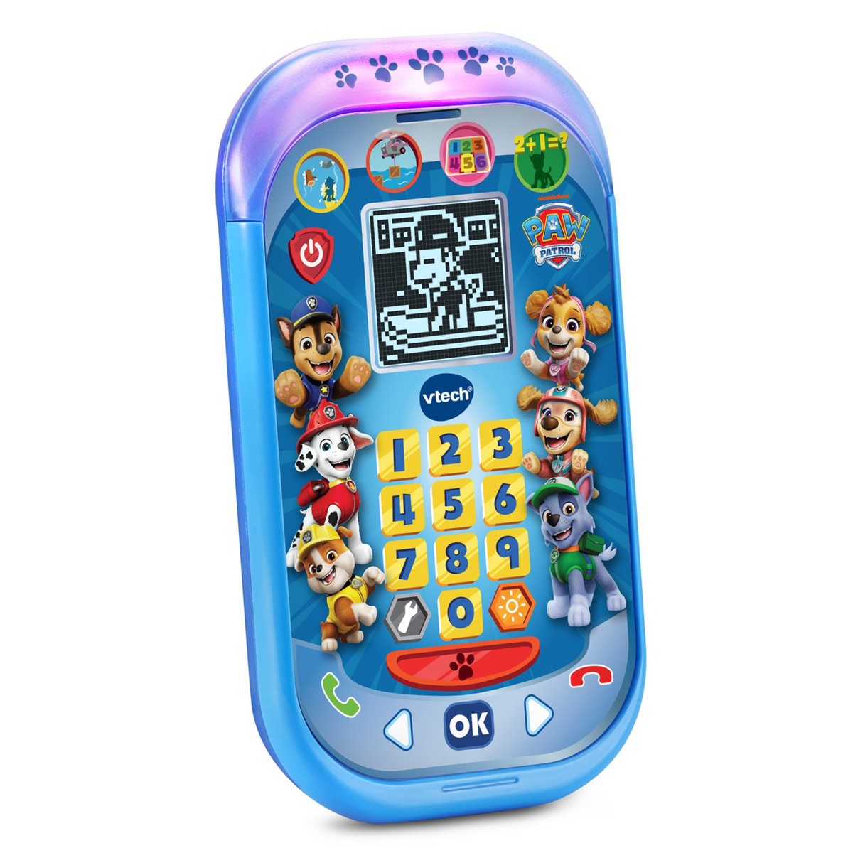 Blue learning phone toy with paw-print buttons, character stickers, and purple-tinted top