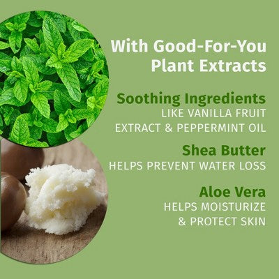 Body lotion ingredient panel with plant extracts, shea butter, and aloe vera claims