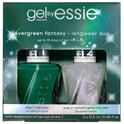 Gel nail polish duo gift set with green nail color and metallic top coat bottles