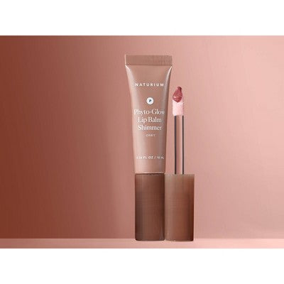 Shimmer lip balm tube with open applicator, rose-pink glossy product inside