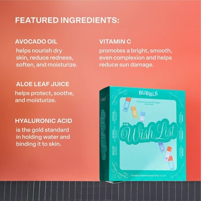 Skincare gift set packaging with featured ingredients: avocado oil, aloe, hyaluronic acid