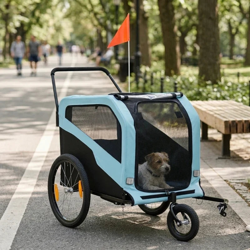 Blue 2-in-1 dog bike trailer stroller carrier with mesh door, dog inside, and pull bar
