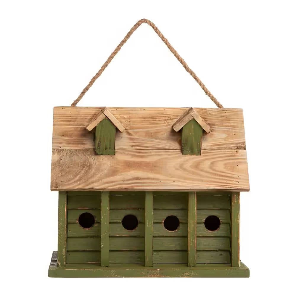 Green wood garden bird house with four entrance holes and one compartment