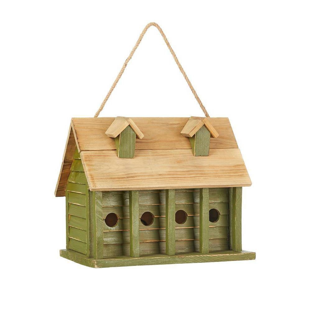 Green wood garden bird house with four circular entrances and a slanted roof