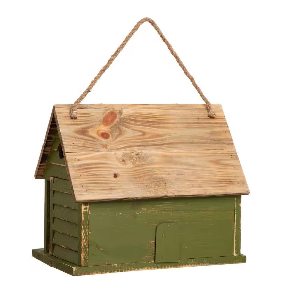 Green wood bird house with four holes and a side panel door, hanging