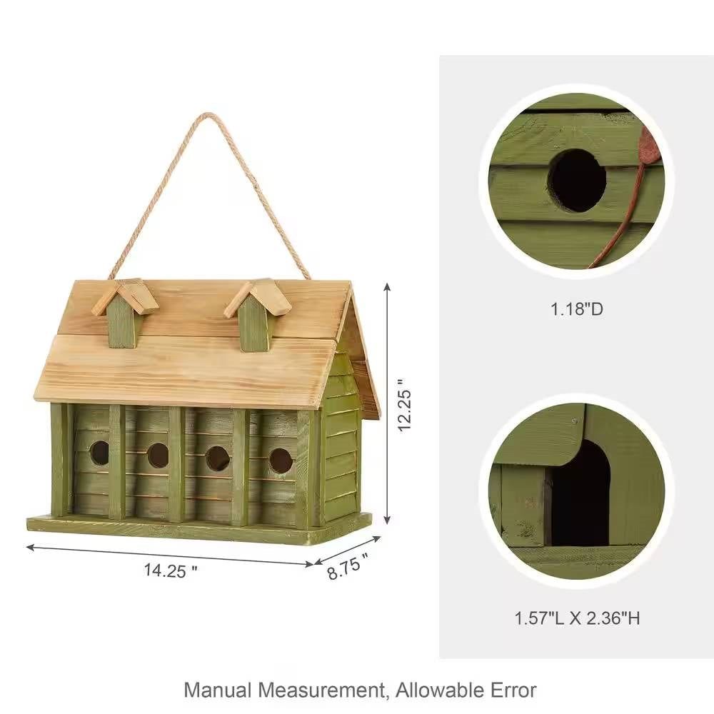 Bird house measurements: 12.25x8.75x12in; hole diameter 1.18in