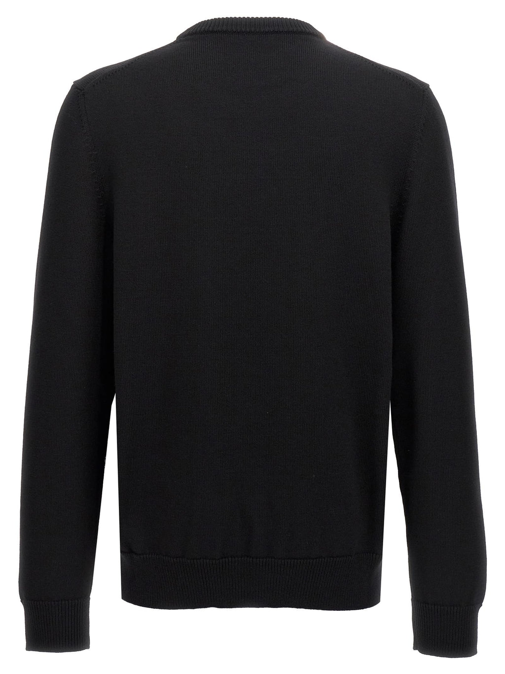 Men's black crewneck sweater, plain back with ribbed cuffs