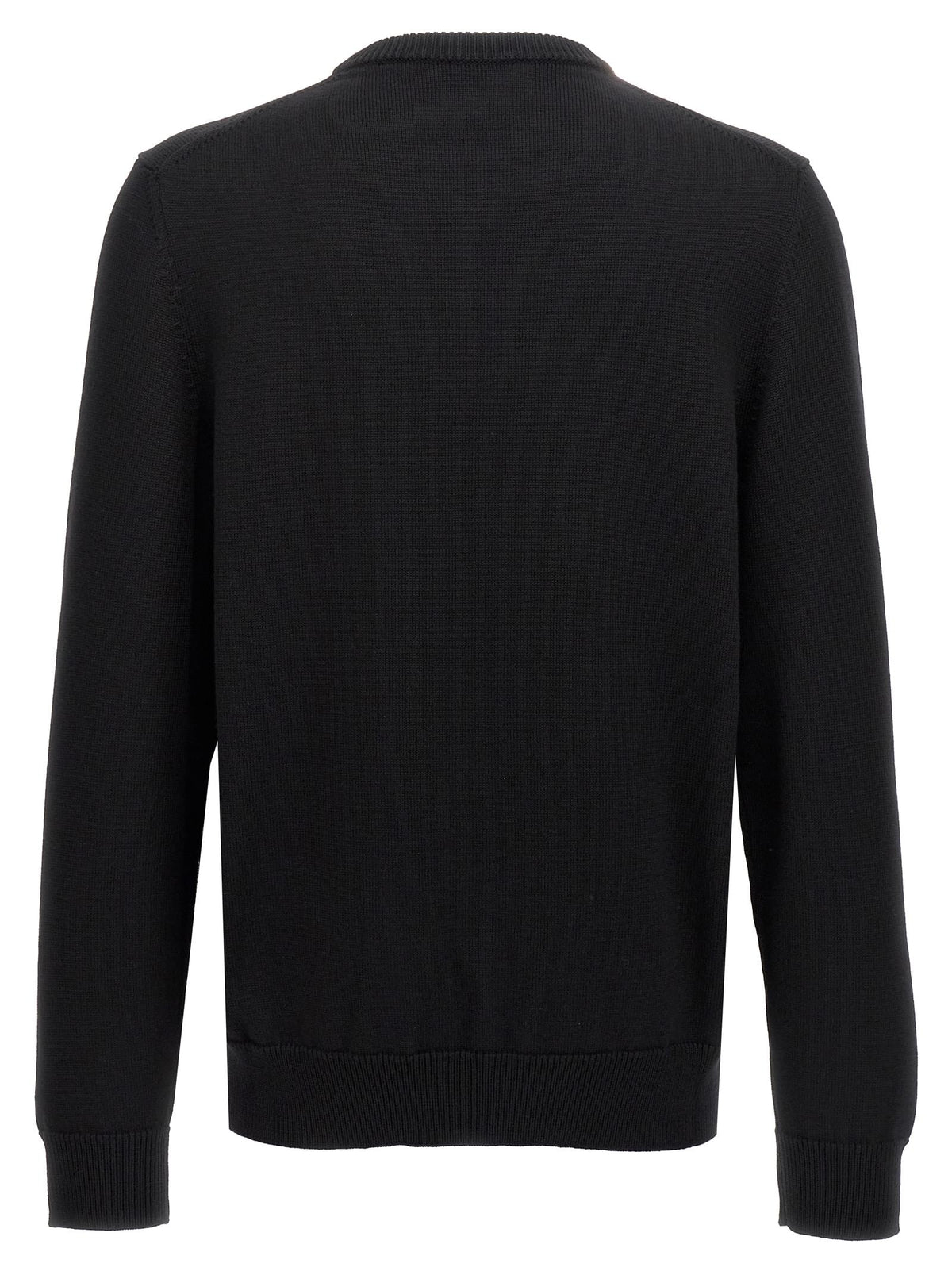 Men's black crewneck sweater, plain back with ribbed cuffs