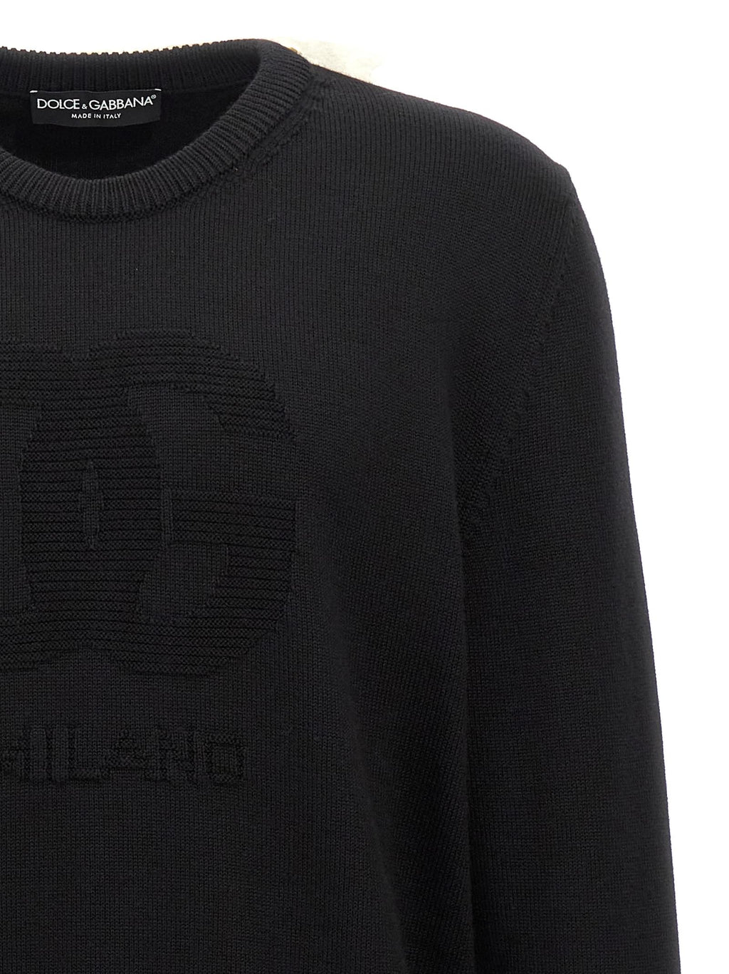 Men's black crewneck sweater detail of DG intarsia logo