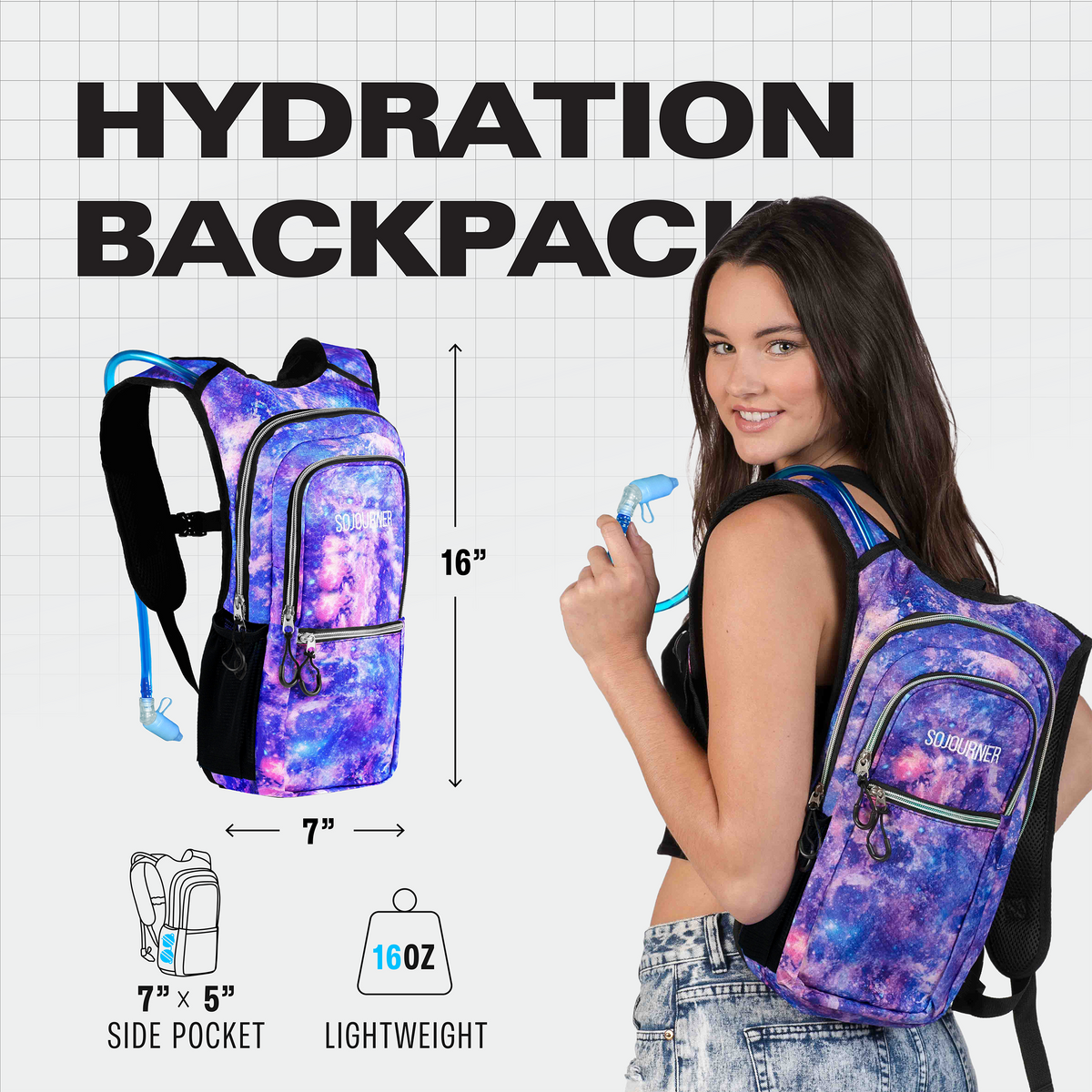 Medium galaxy hydration pack backpack in blue/purple with side pocket and chest strap