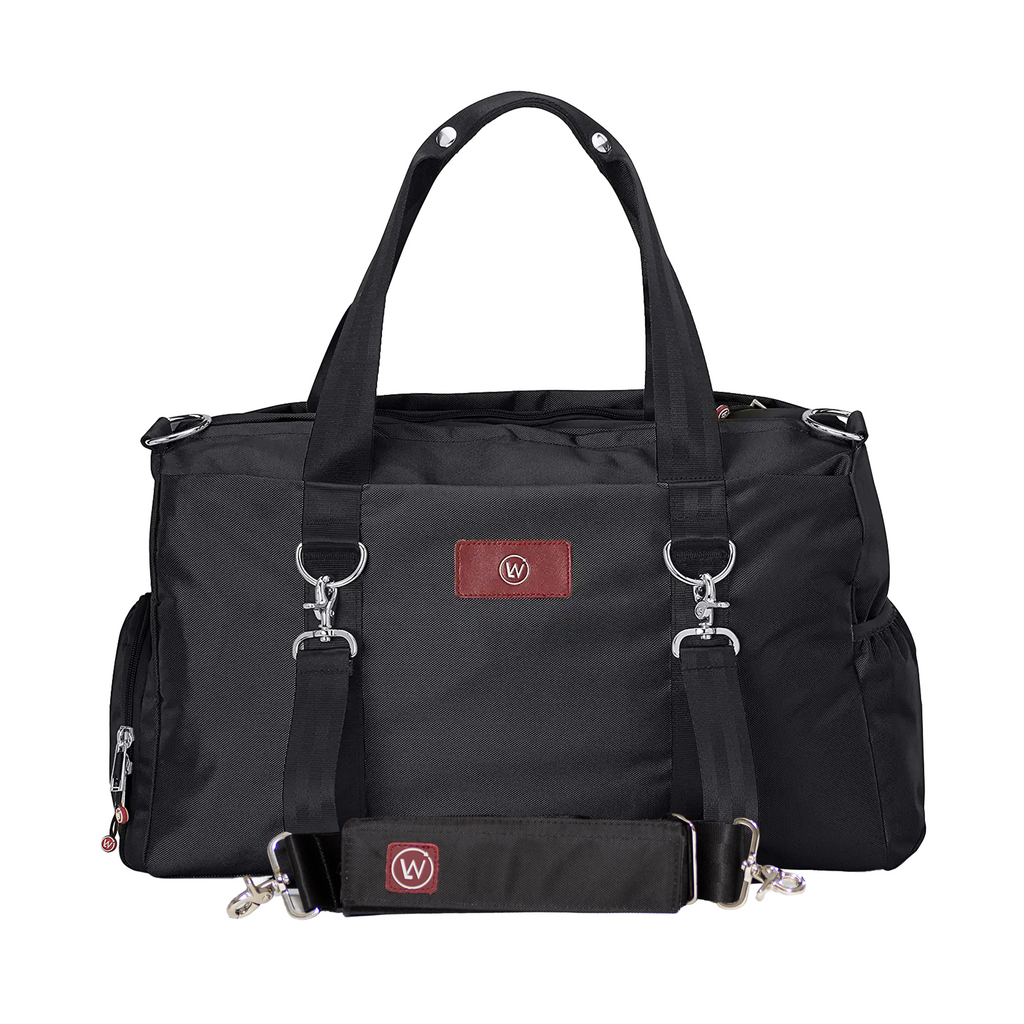 Onyx black duffel bag with dual handles, front zip pocket, and metal swivel hooks