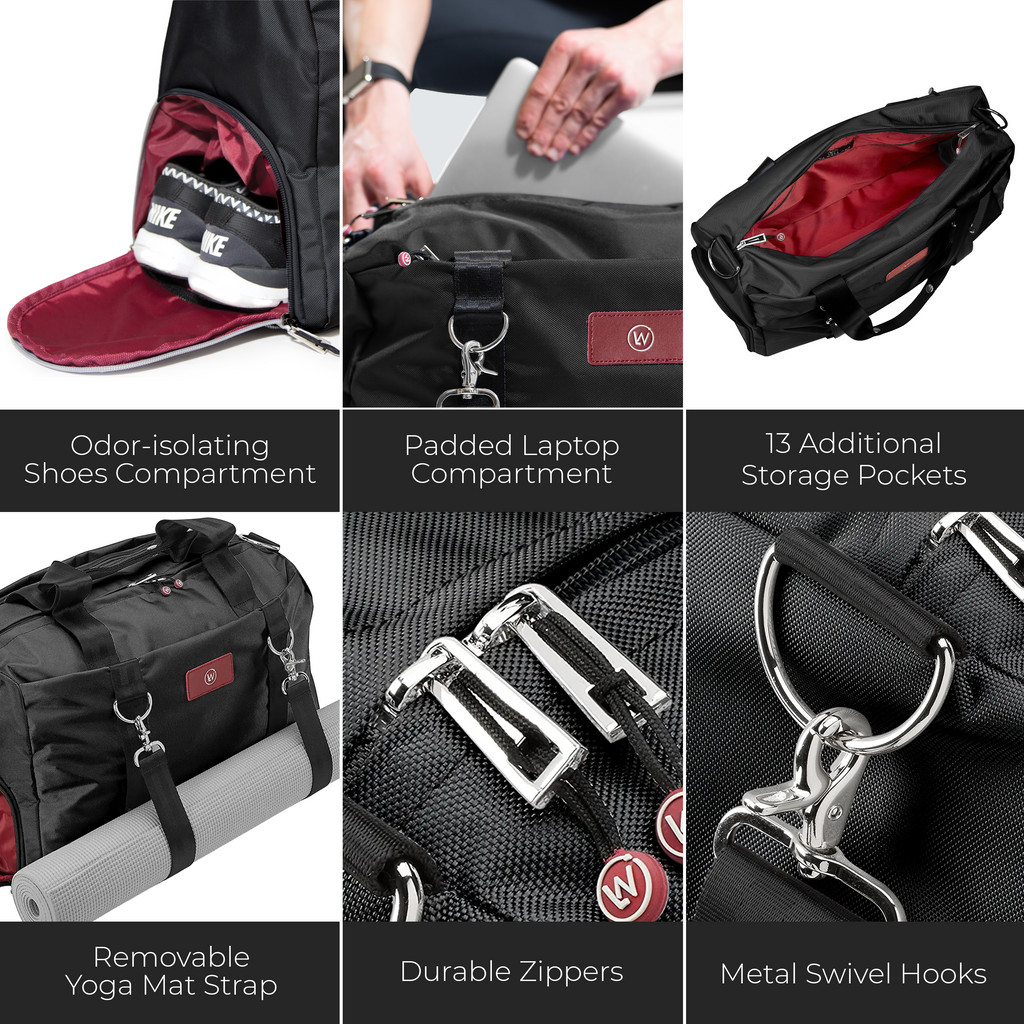 Black duffel bag showing side shoe compartment, padded laptop area, and multiple storage pockets
