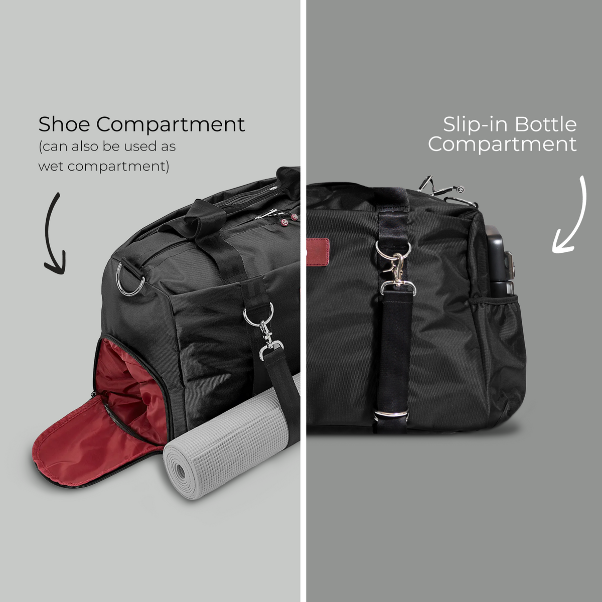 Black duffel bag with red-lined shoe compartment and slip-in bottle side compartment