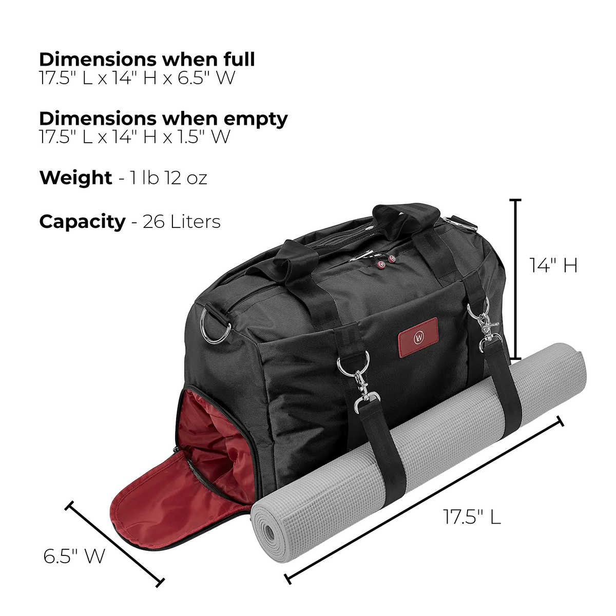 Black duffel bag with removable yoga mat strap and attached gray rolled mat