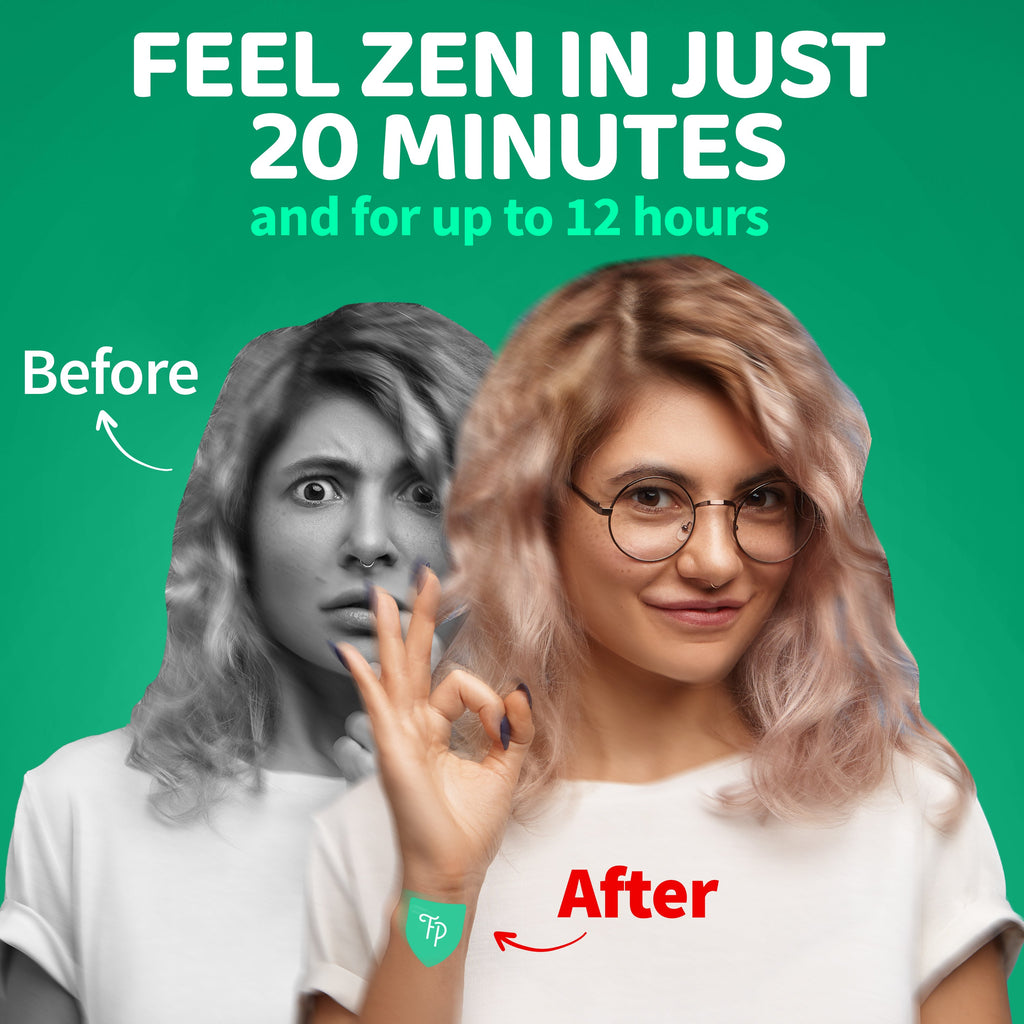 “Feel Zen” travel patch promo card with a before-and-after pair of faces