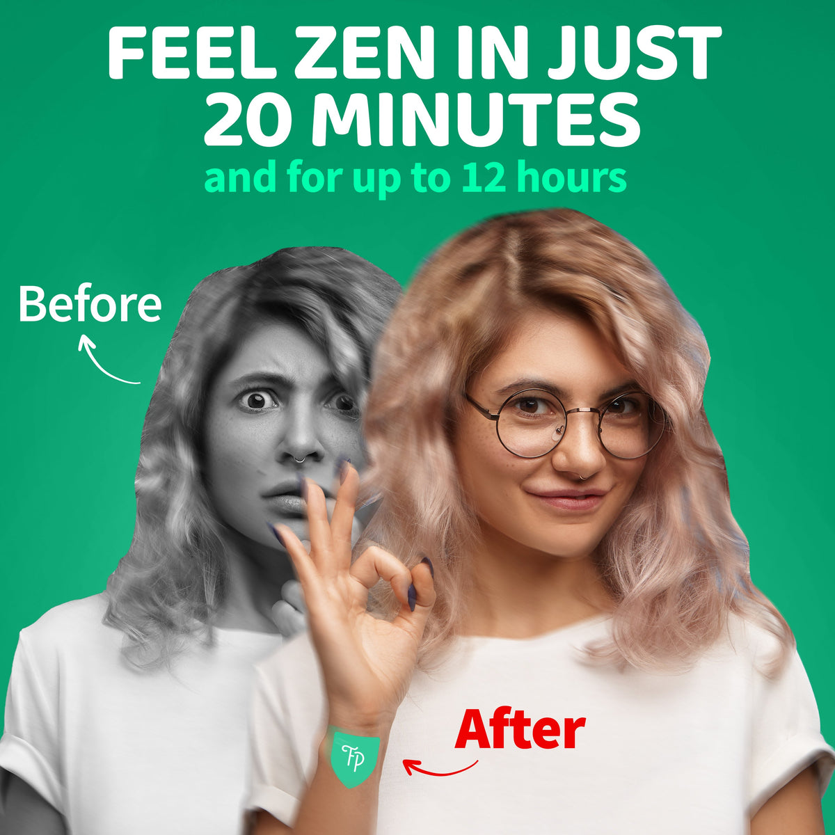 “Feel Zen” travel patch promo card with a before-and-after pair of faces