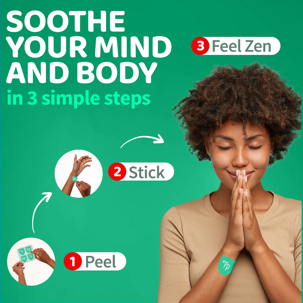 Friendly patch promo card with “Soothe your mind and body” steps layout