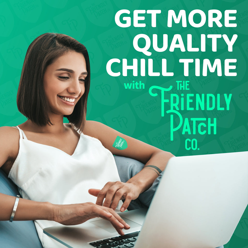 Friendly patch promo card with woman on couch holding patch near laptop