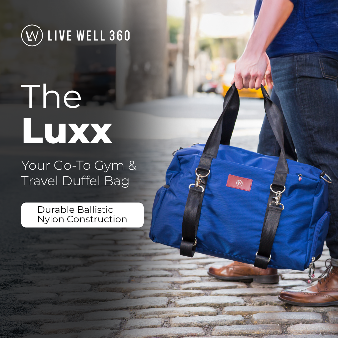 Royal blue duffel bag with dual handles, front organizer panel, and hanging key hooks