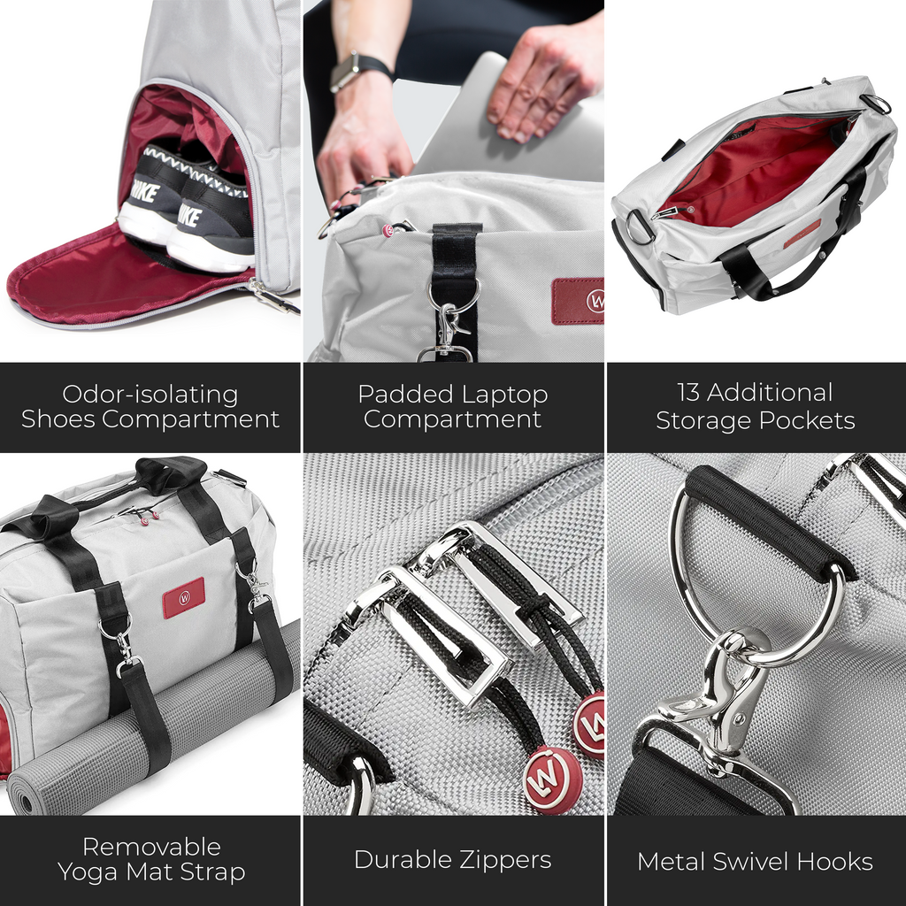 Light gray duffel bag with shoe compartment, padded laptop sleeve, and extra storage pockets