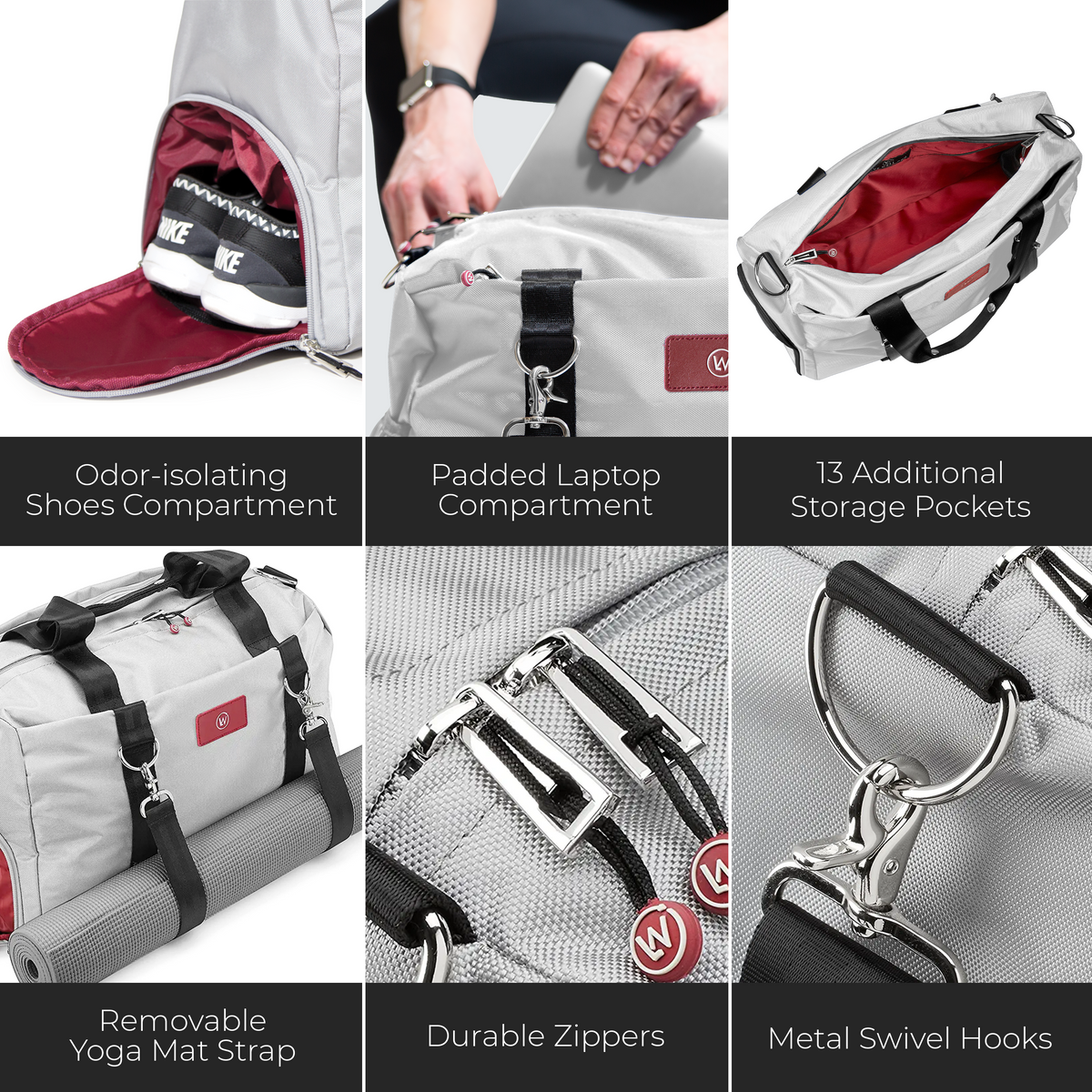 Light gray duffel bag with shoe compartment, padded laptop sleeve, and extra storage pockets