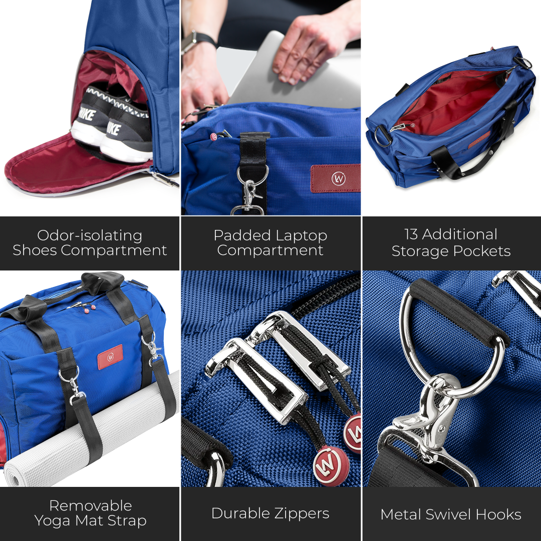 Blue gym duffel bag with zip pockets, red lining, and black carrying straps