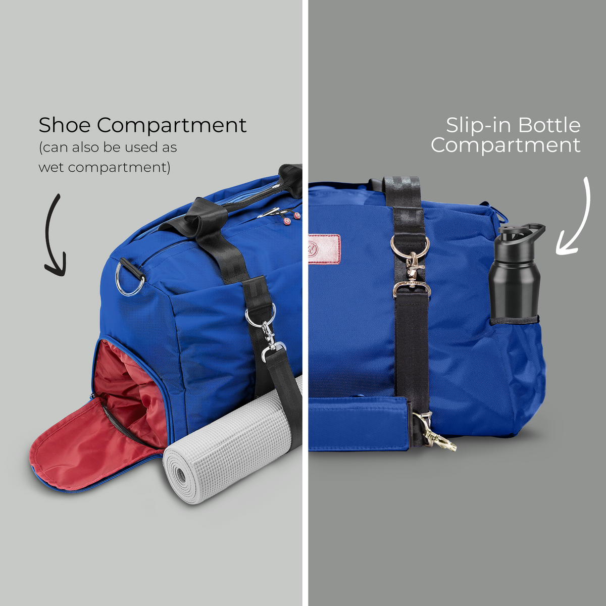 Blue gym duffel bag with shoe compartment and slip-in bottle pocket, black straps
