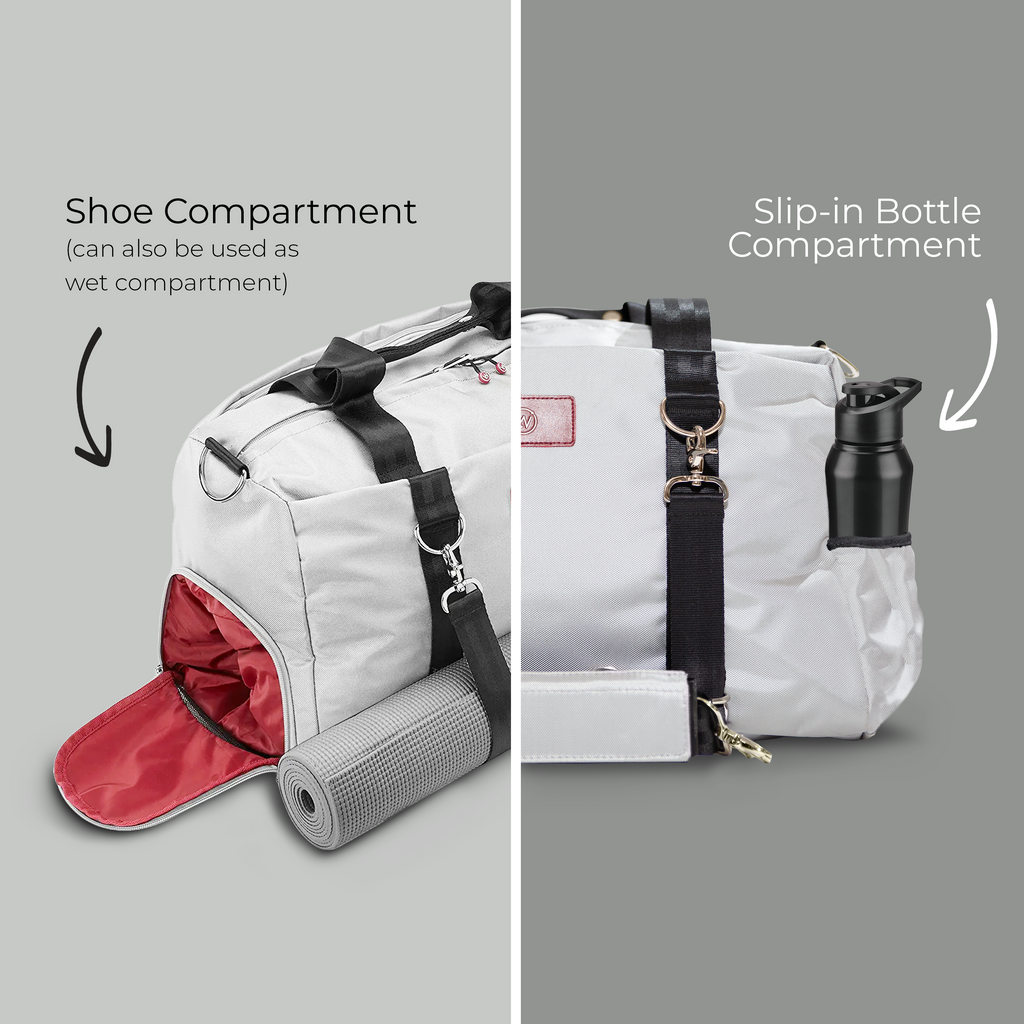 Light gray gym duffel bag with open shoe compartment and slip-in bottle pocket, black straps