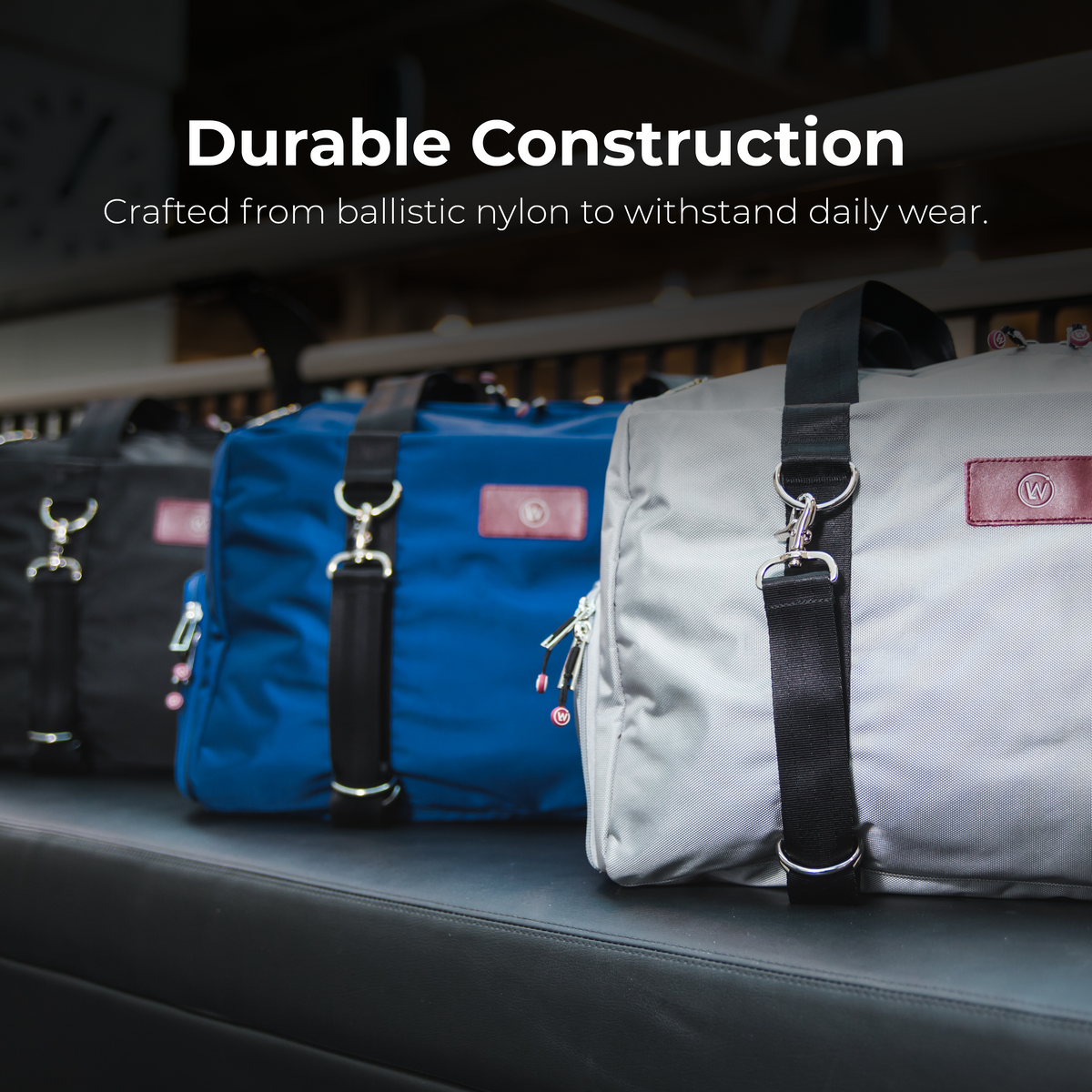 Ballistic nylon duffel bag set: blue and gray bags with metal swivel hooks and straps