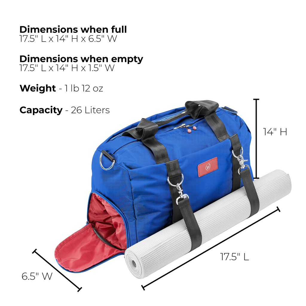 Blue duffel bag with yoga mat strap, side handle clips, and rolled mat on strap