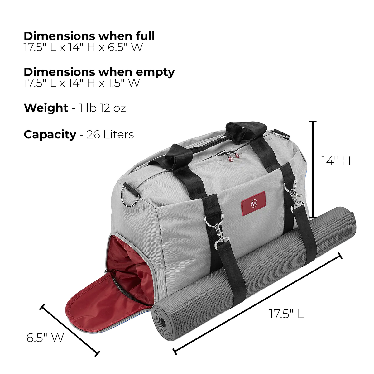 Gray gym duffel bag with black straps, red interior, and front pocket