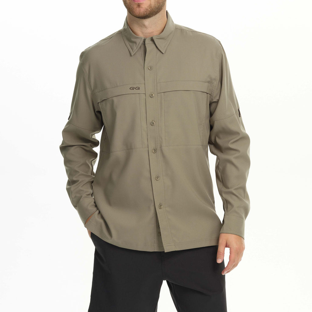 Sage long-sleeve button-up scout shirt with front button placket and chest pocket