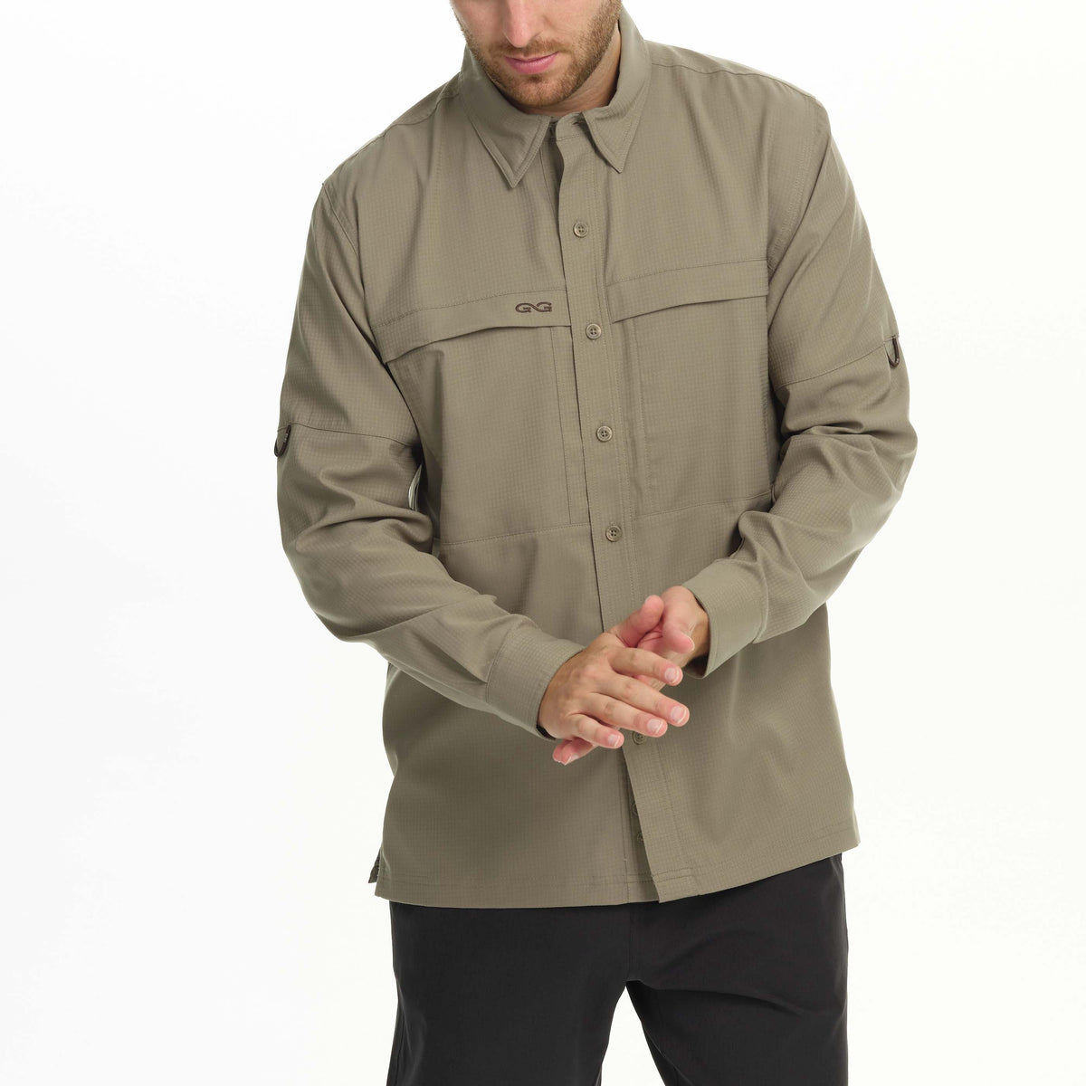 Olive long-sleeve button-up scout shirt with chest flap pockets