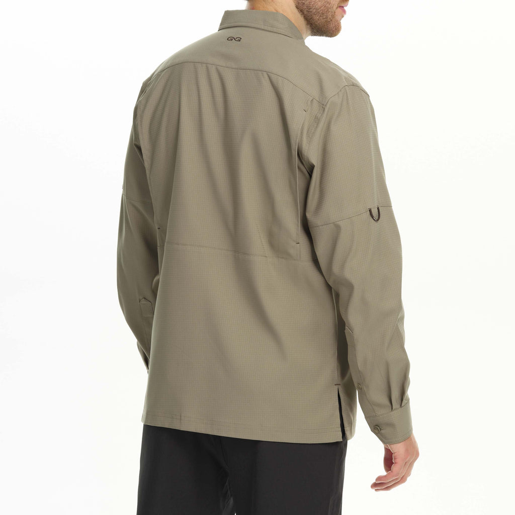 Sage long-sleeve scout shirt back view with side flap pocket