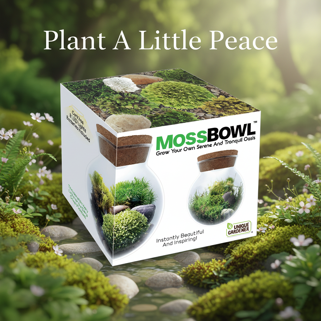 MossBowl moss garden kit box displaying moss terrarium examples
