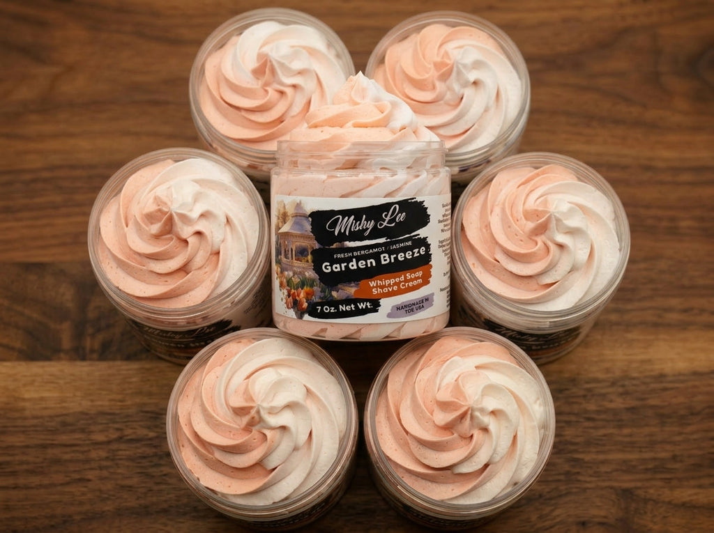 Whipped soap and shave cream jars with peach rose swirl tops