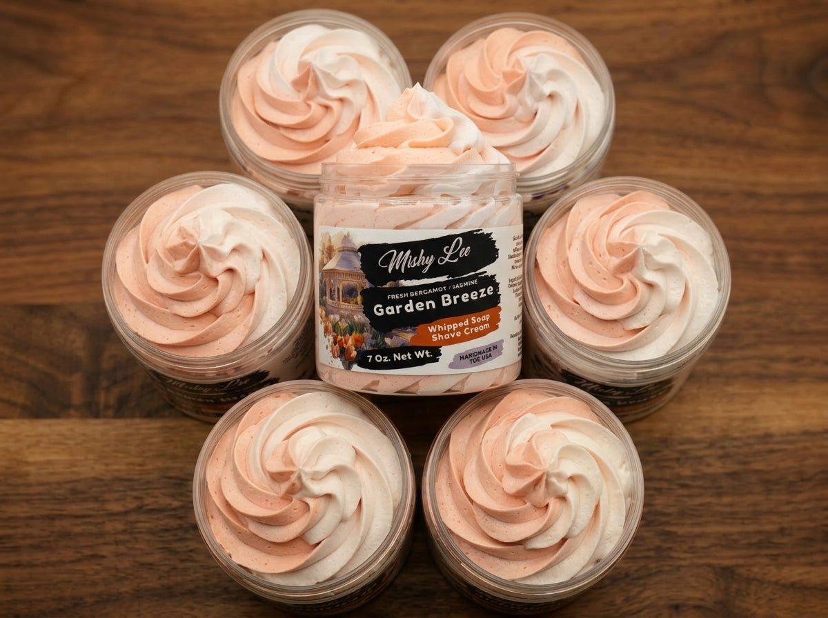 Whipped soap and shave cream jars with peach rose swirl tops