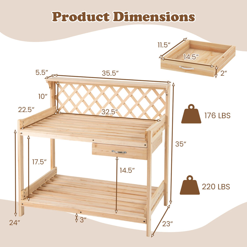 Wooden garden potting bench with lattice trellis, two shelves and drawer, size diagram