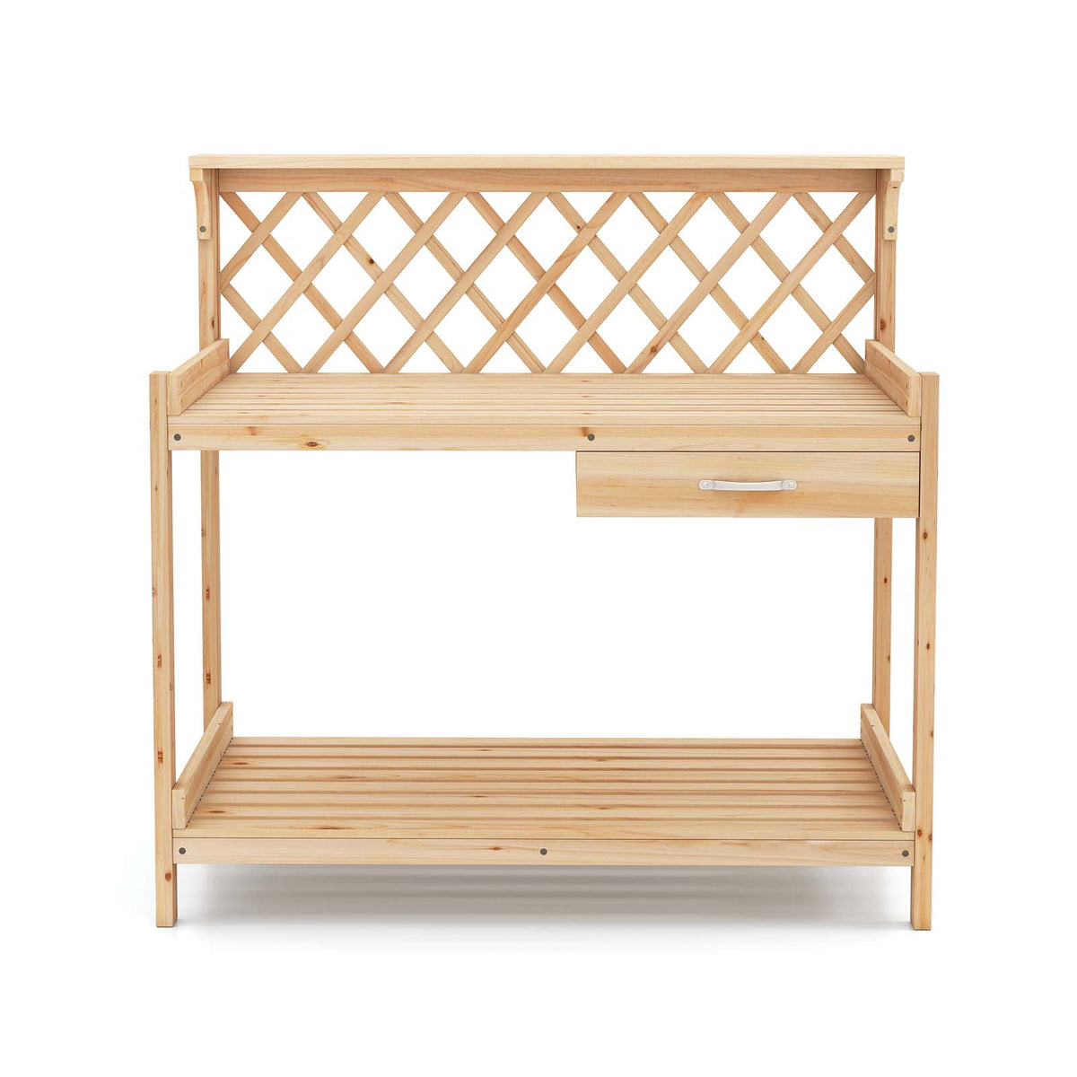 Wooden potting bench with lattice back panel, open two-tier shelves and drawer