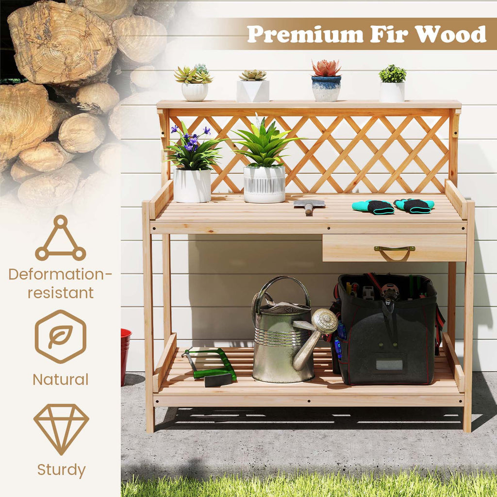 Wooden garden potting bench with lattice trellis, top shelf plants and tool storage
