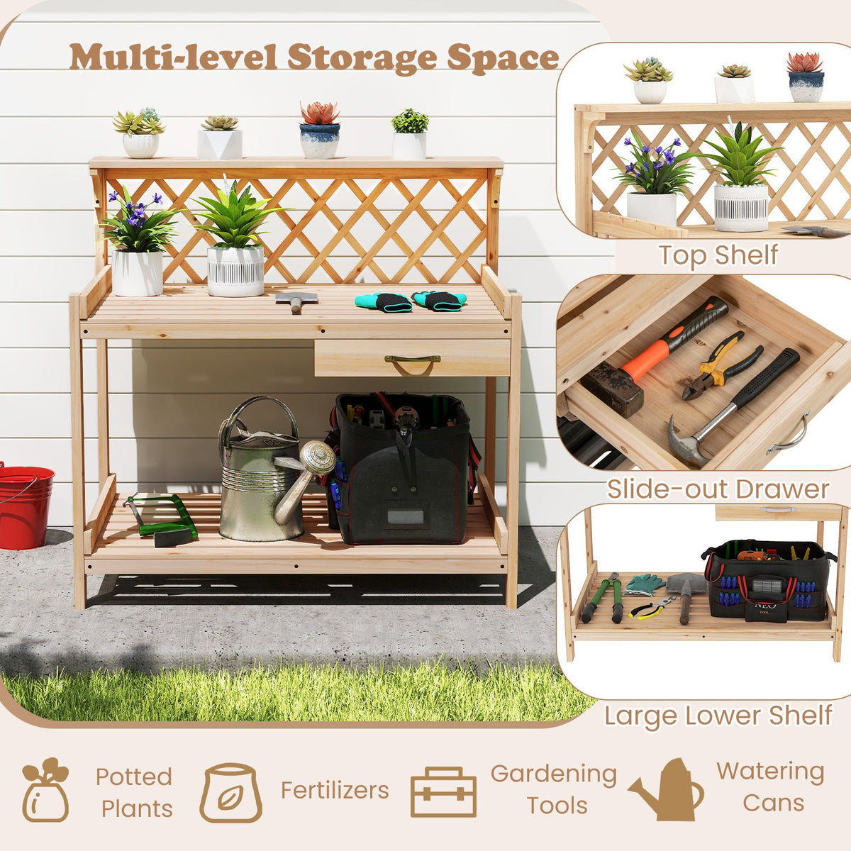 Wooden potting bench with multi-level storage: top shelf, slide-out drawer, lower shelf