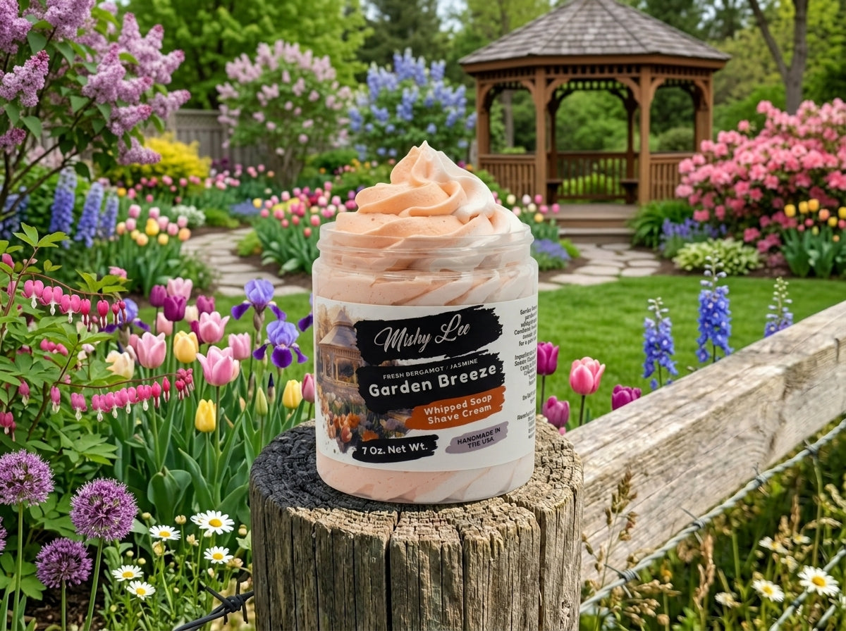 Whipped soap and shave cream jar with peach swirl on wooden stump