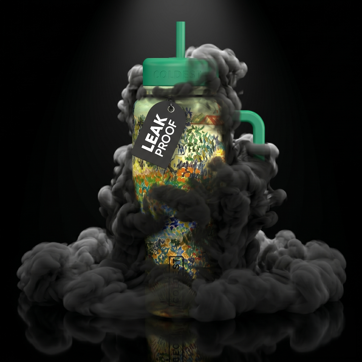 COLDEST 36oz Limitless Ultra v8 tumbler, green with colorful landscape artwork and lid