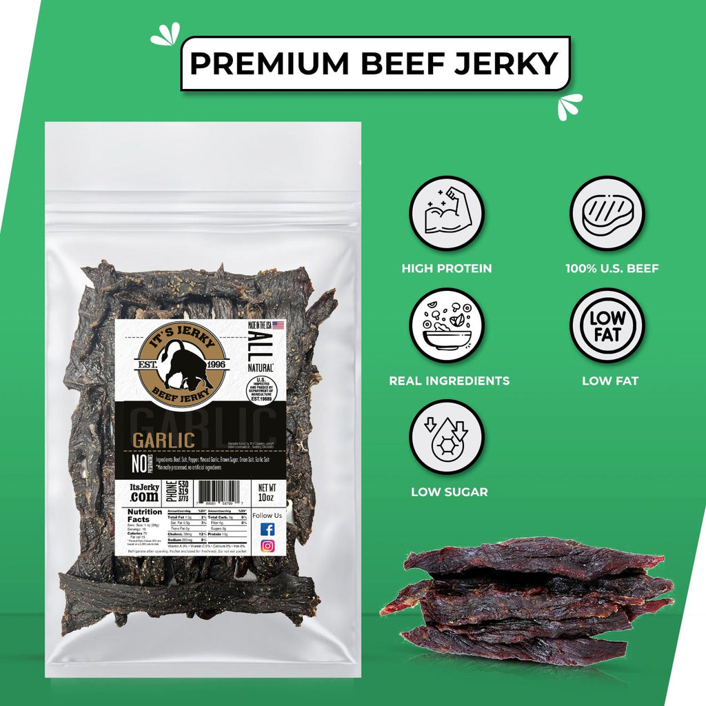 Premium garlic beef jerky bag with icons: high protein, real ingredients, low fat