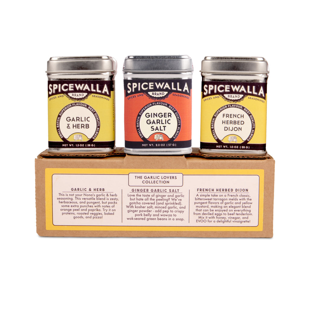 SpiceWalla 3-pack garlic lover's spice tins on cardboard tray