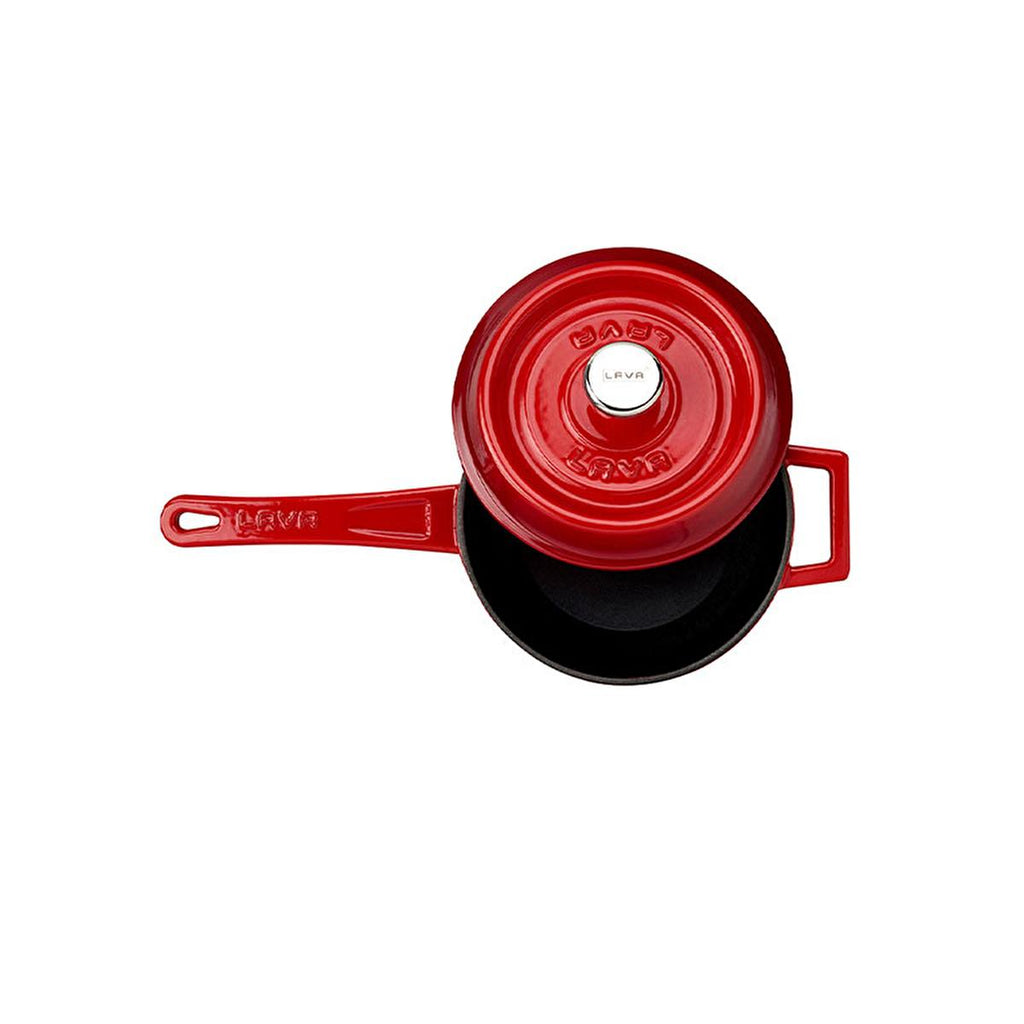 Red enameled cast iron sauce pan with lid and side handle, 18 cm