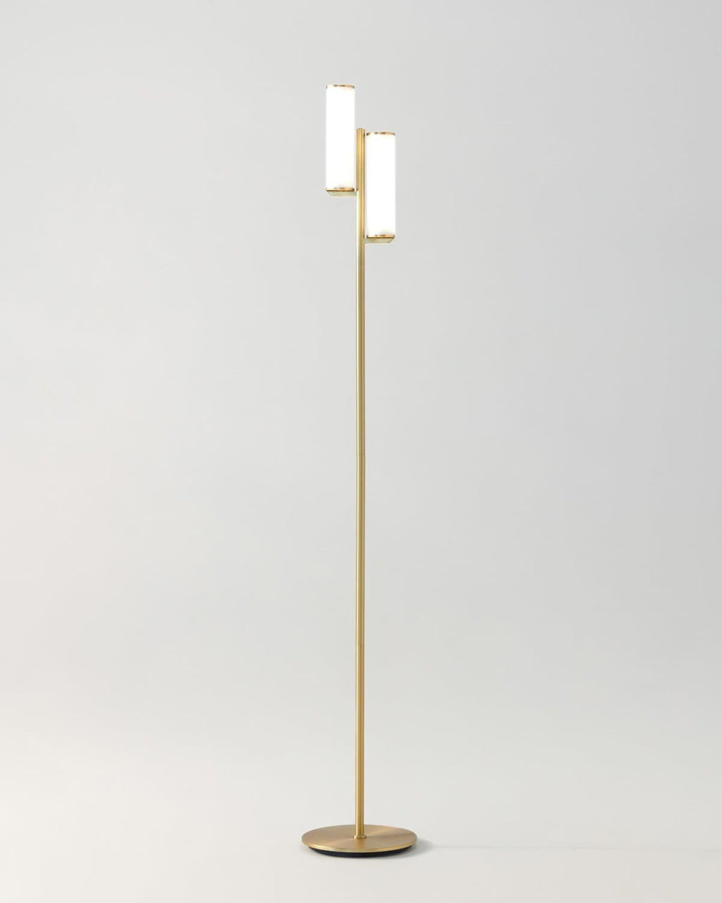 Brass floor lamp with two-tier frosted glass shades and slim round base