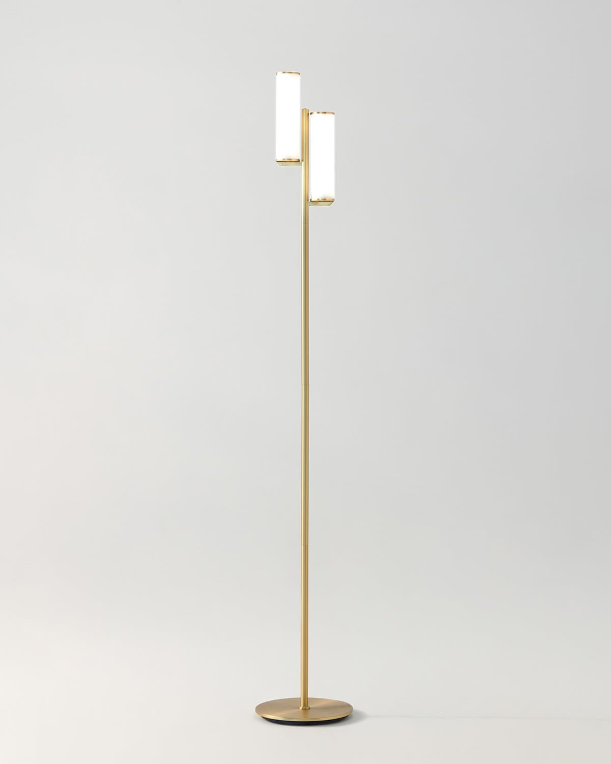 Brass floor lamp with two-tier frosted glass shades and slim round base