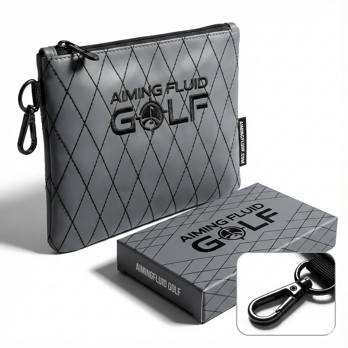 Gray quilted leather utility pouch with zip closure and carabiner key ring loop
